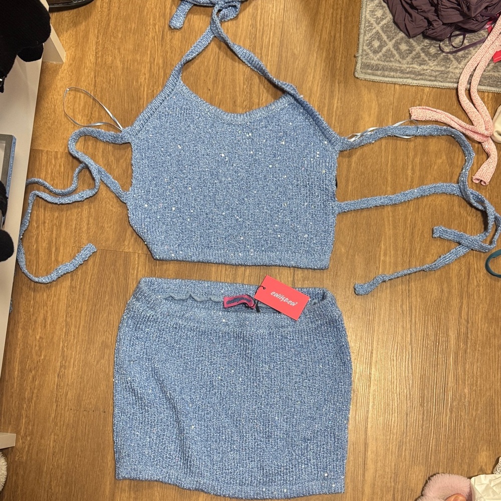 Edikted Blue Knit backless top and Skirt Set
